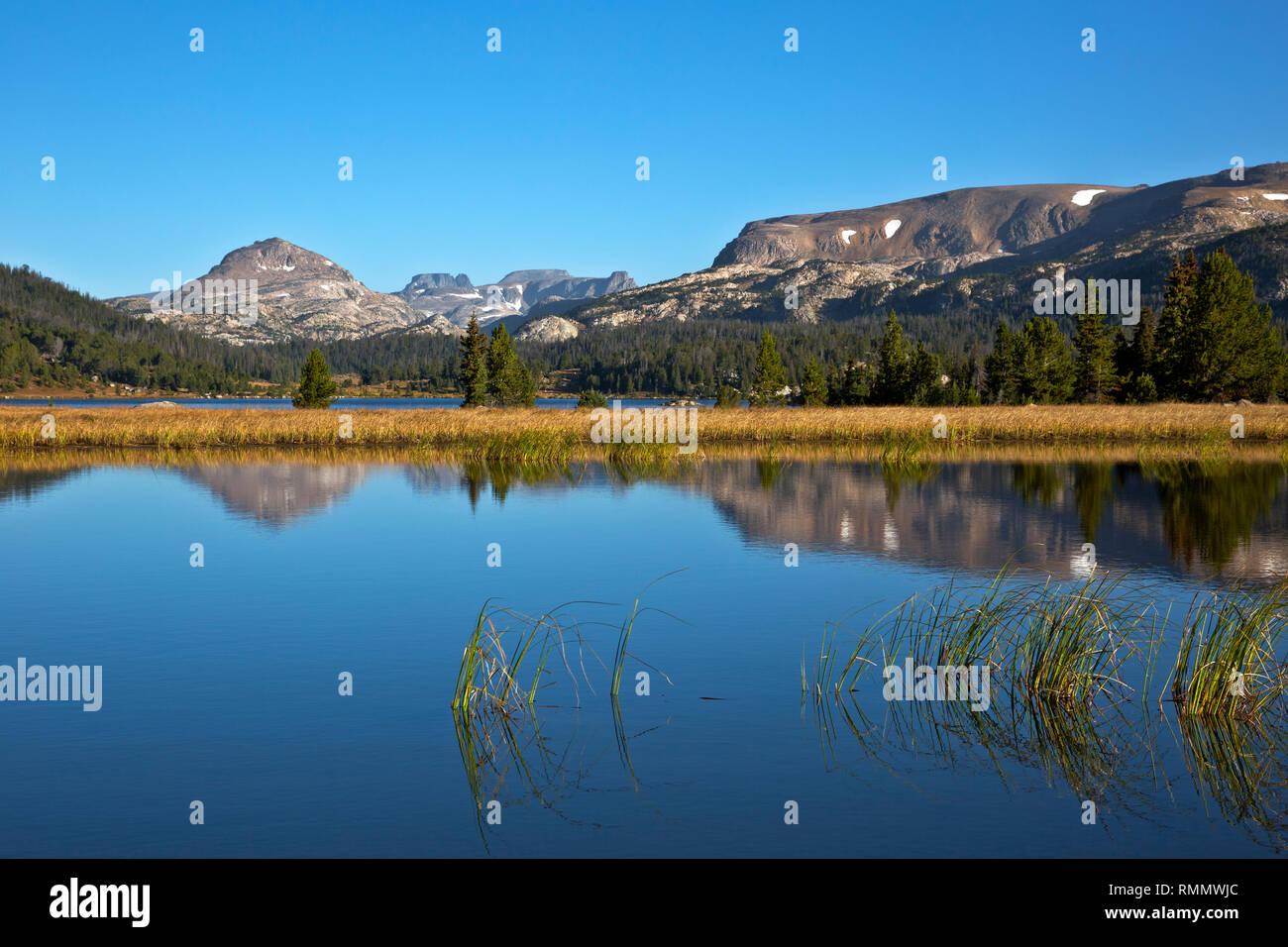 WY03752-00...WYOMING - The Beartooth Mountains reflecting in a small pond near Island Lake in the Shoshone National Forest. Stock Photo
