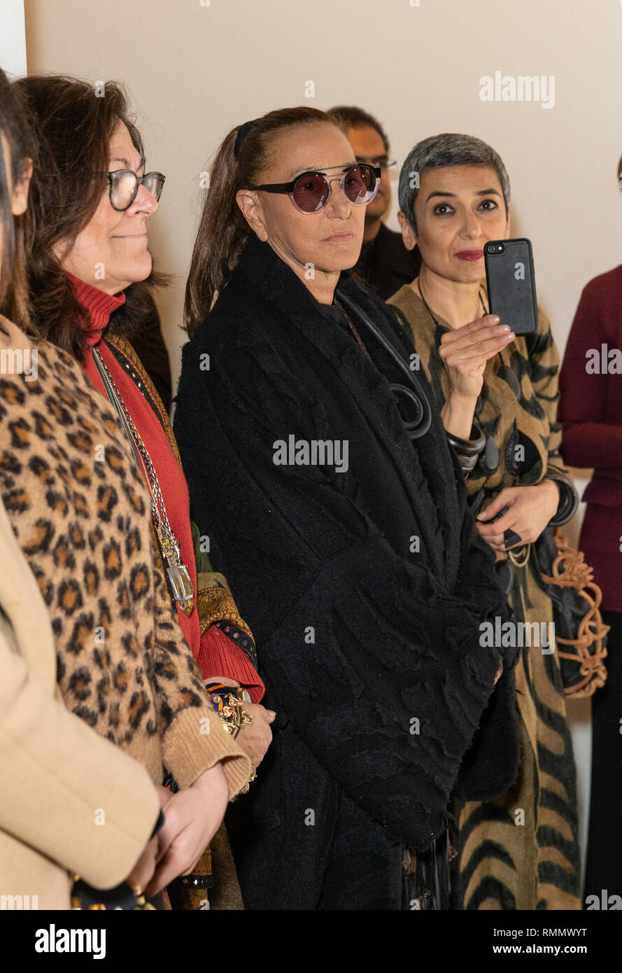 New York, NY - Febbruary 13, 2019: Fern Mallis and Donna Karan attend Fashion for Peace presentation by Sadhguru Jaggi Vasudev during Fall/Winter fashion week at Spring Studios Stock Photo