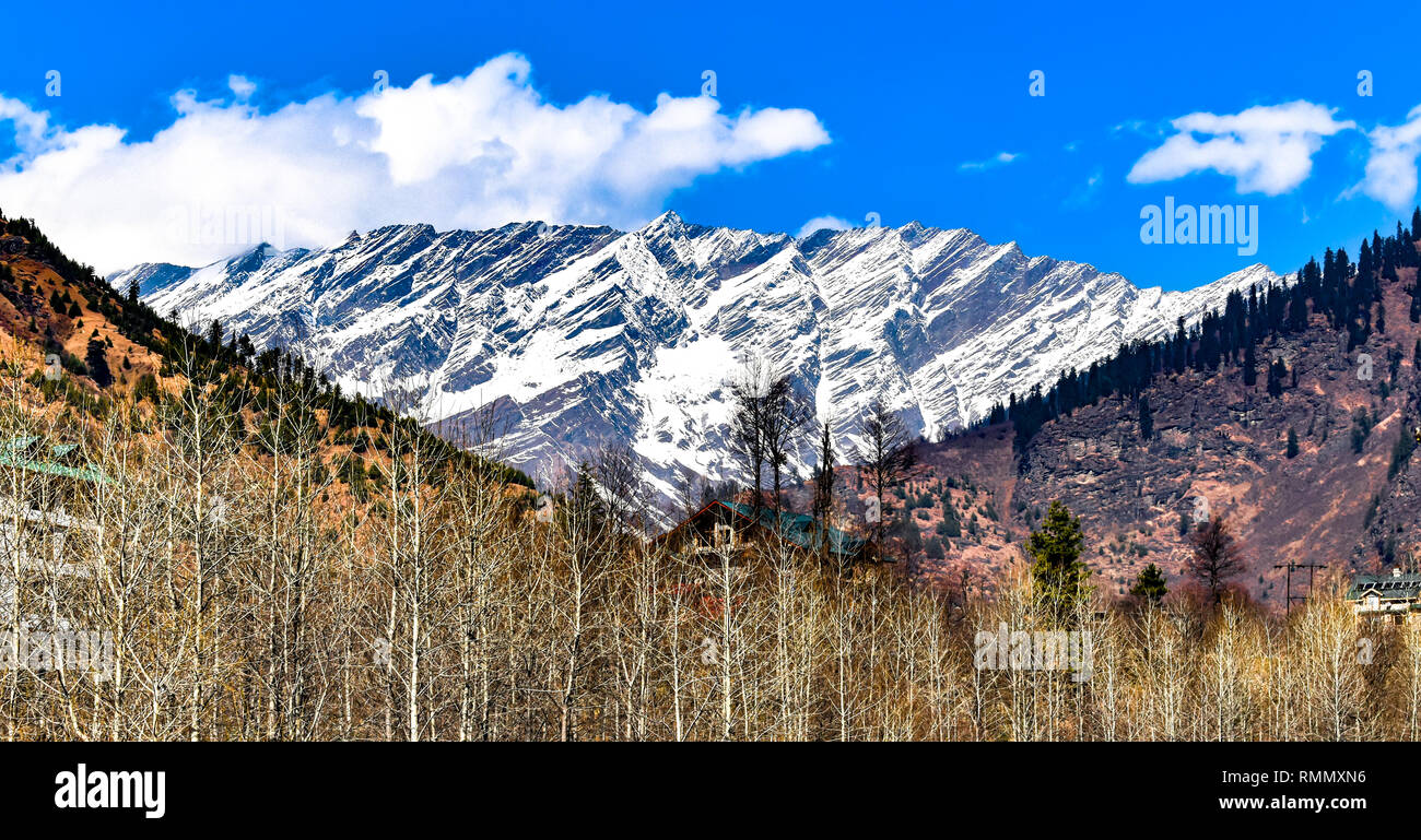 Beautiful snow covered Himalayan mountain ranges with Deciduous Forests ...