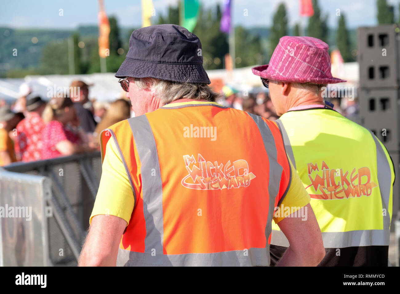 Senior men volunteering as stewards at Wychwood Music Festival, Cheltenham. June 3, 2018 Stock Photo