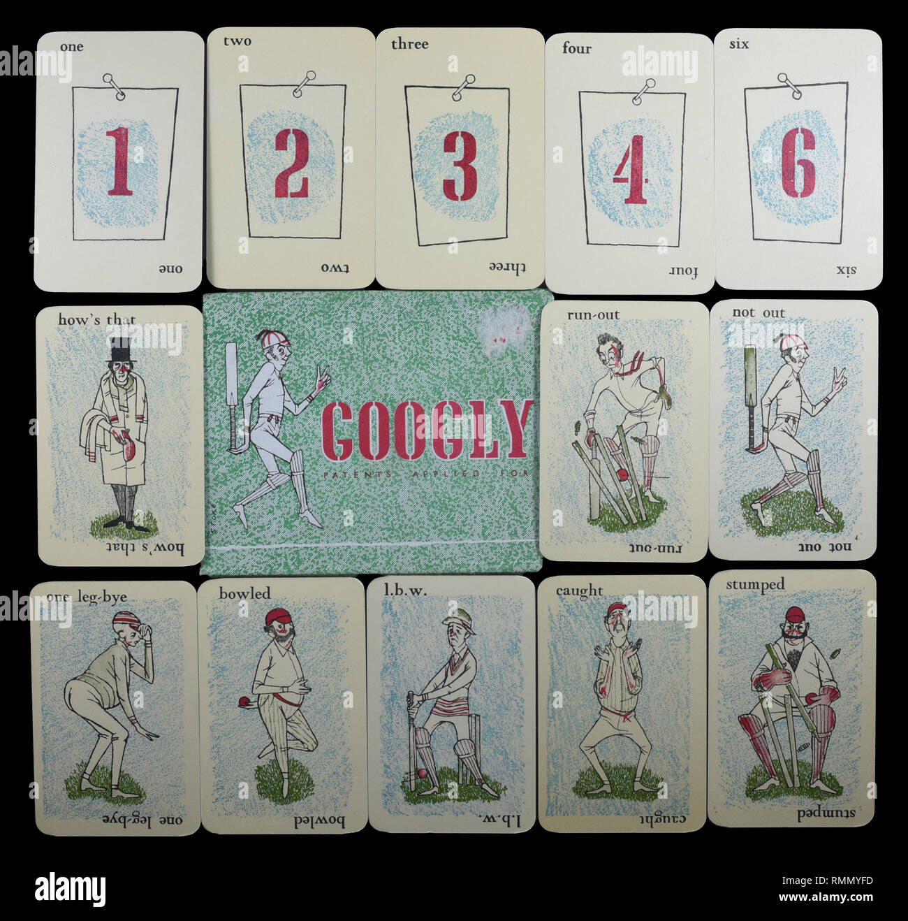 Full set of vintage cricket card game of GOOGLY by Smith & Hallam Ltd of London. Isolated on black background with cards in a square block. Stock Photo