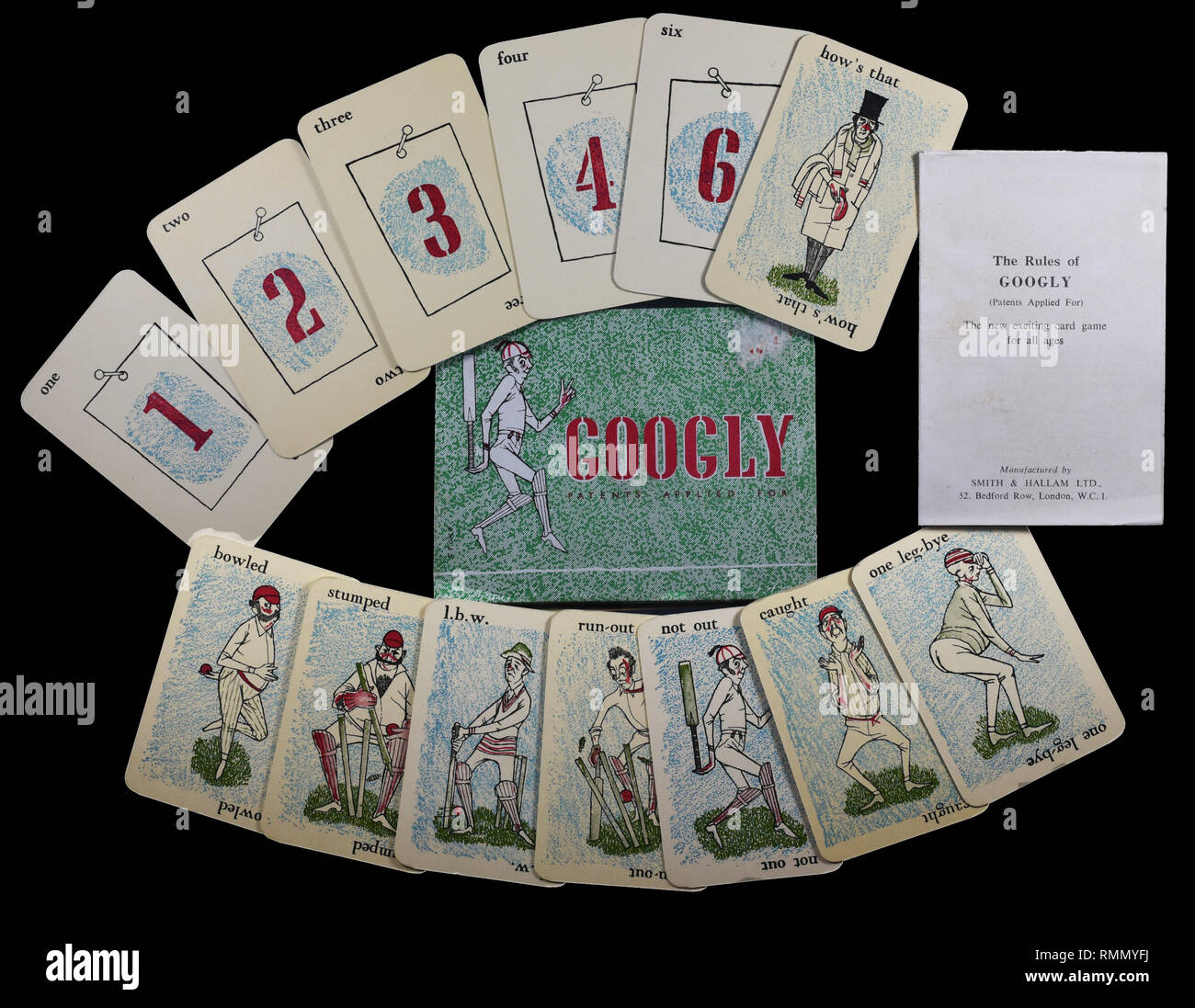 Full set of vintage cricket card game and Rules of GOOGLY by Smith & Hallam Ltd of London. Isolated on black background with cards fanned. Stock Photo