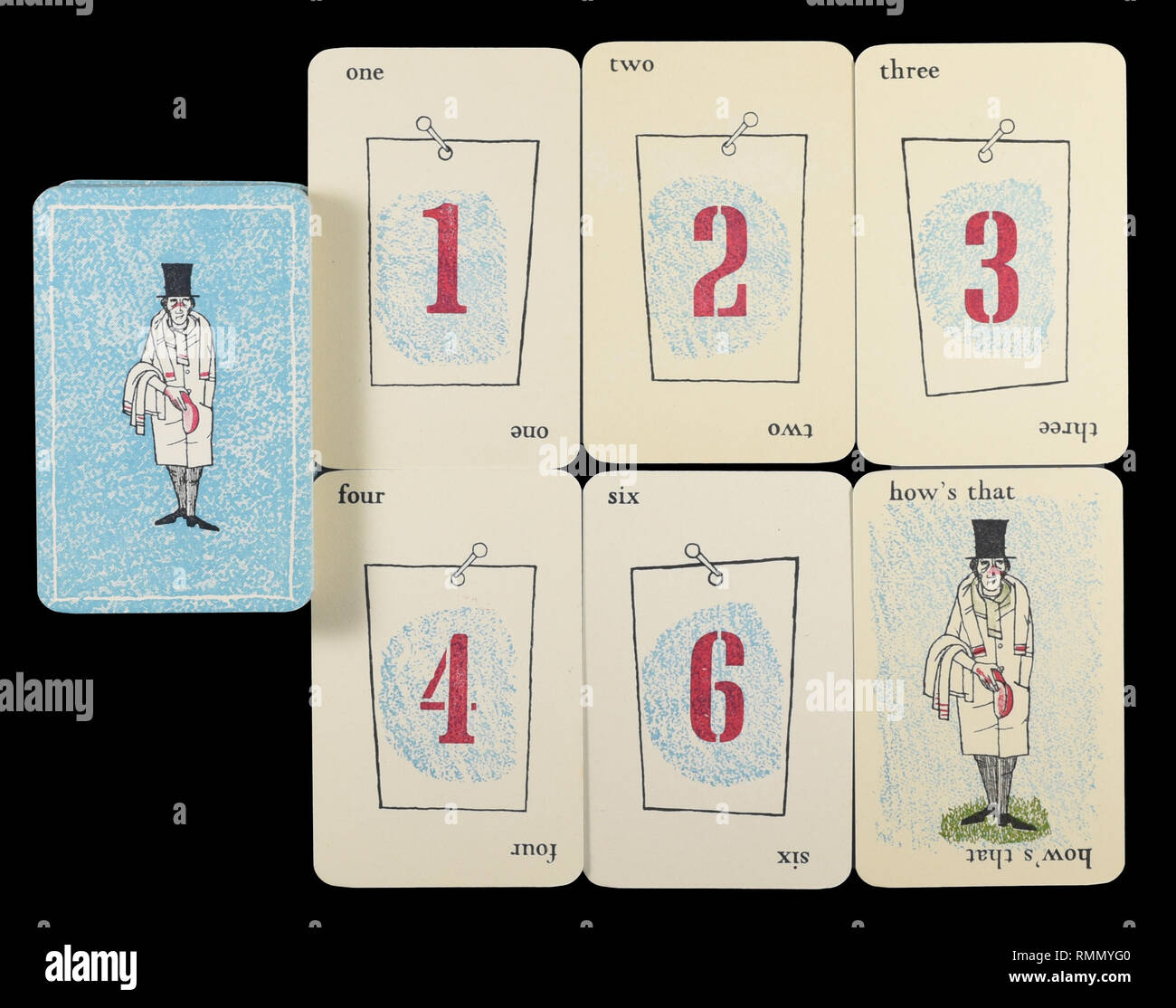 Full set of bowler's playing cards from the vintage cricket card game of GOOGLY by Smith & Hallam Ltd of London. Isolated on black background. Stock Photo