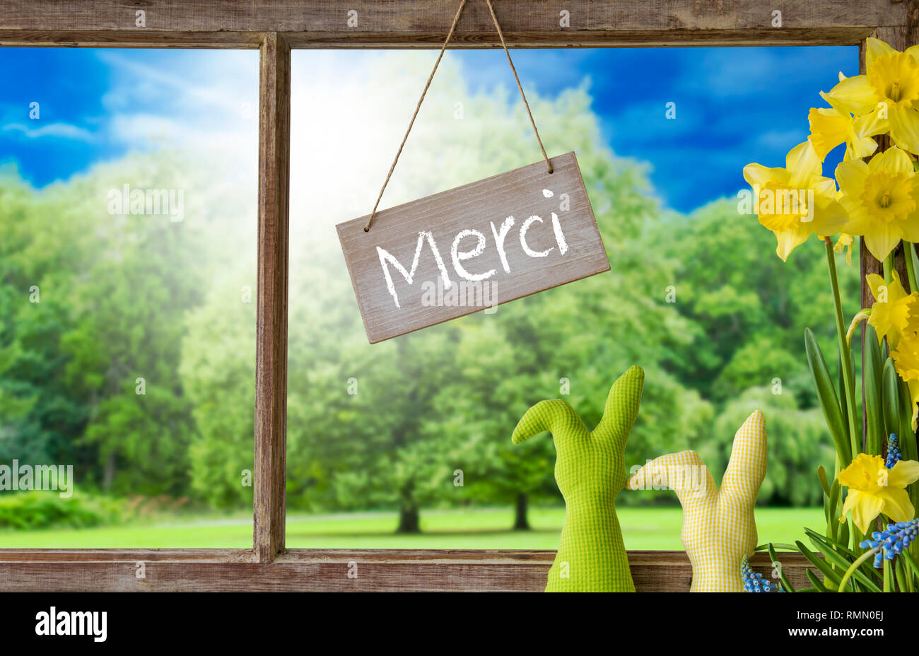 Sign With French Text Merci Means Thank You. Window Frame With View To ...