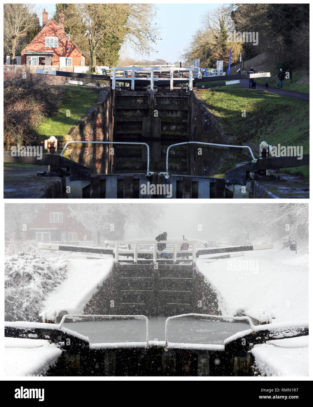 A composite photo showing the lock gates at Caen Hill locks in Wiltshire on 15/02/19 (top) and the same location two weeks ago on 01/02/19 (bottom) covered in a blanket of snow. Forecasters have predicted another day of warm weather on Friday after the unseasonably mild weather saw the warmest Valentine's Day in more than 20 years on Thursday with a maximum of 16.1C (61F) recorded in the Welsh town of Bala, Gwynedd. Stock Photo