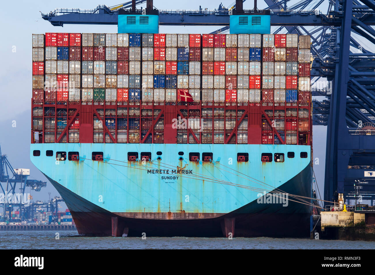 Maersk Shipping Container Ship at Port of Felixstowe Viewed from the