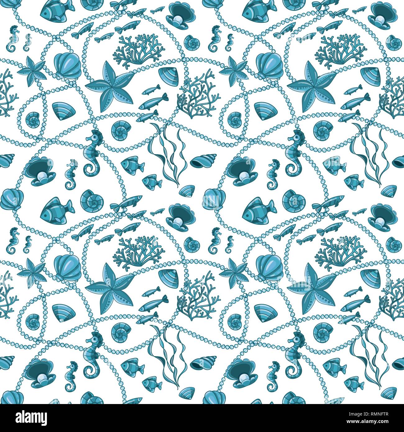 Seamless pattern with seashells, corals and starfishes. Marine background. Stock Vector