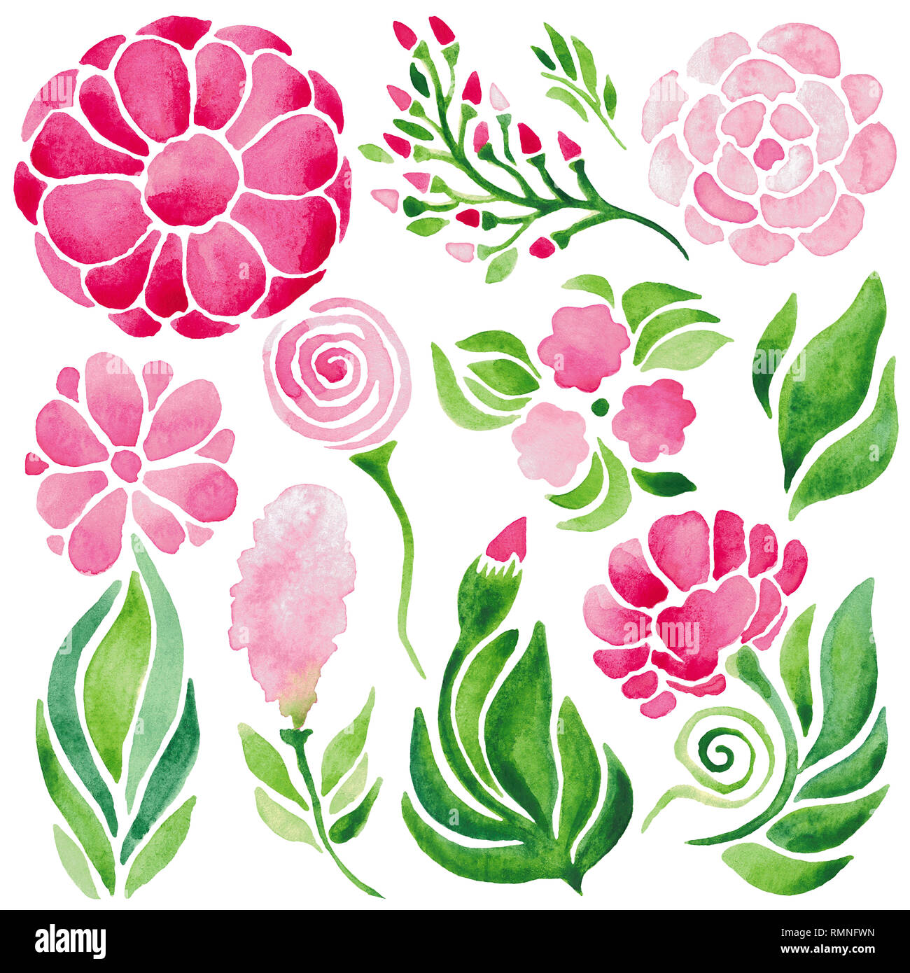 Flowers watercolor illustration Set of Red flowers and green leaves on ...