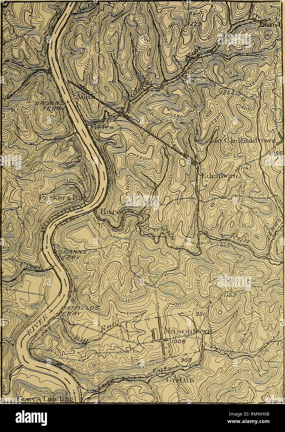 . Annals of the New York Academy of Sciences. Science. A PERIDOTITE DIKE IN PENNSYLVANIA COAL MEASURES 515. Figure 2. The dike in Fayette Co., Penn. The line from Edenborn to Adah rep- resents the dike. Scale 1 inch=i mile.. Please note that these images are extracted from scanned page images that may have been digitally enhanced for readability - coloration and appearance of these illustrations may not perfectly resemble the original work.. New York Academy of Sciences. New York, New York Academy of Sciences Stock Photo