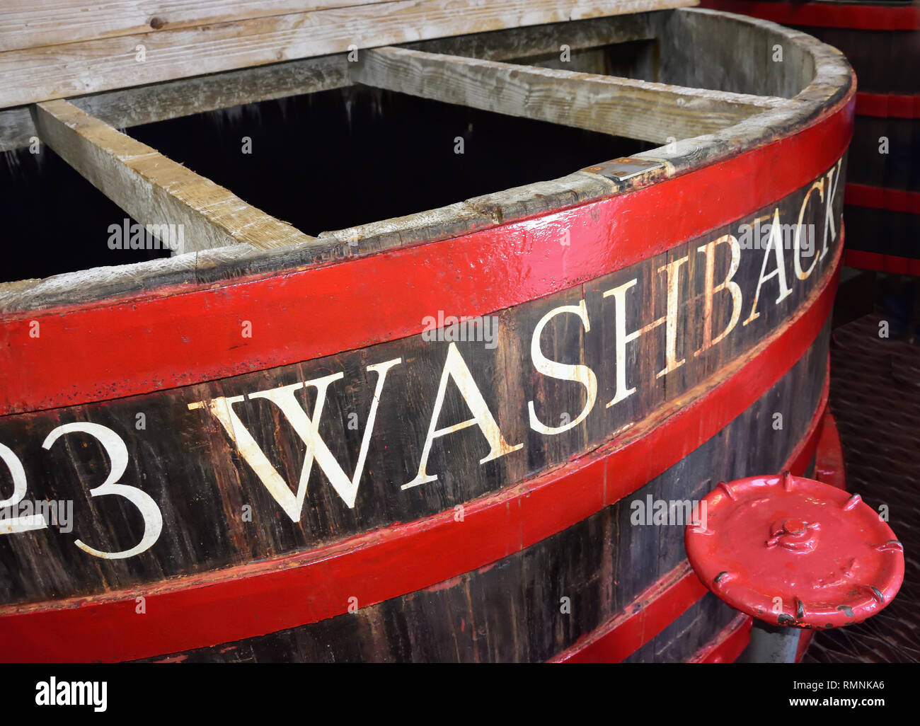 Traditional wooden washback in Tobermory Distillery Visitor Centre, Tobermory, Isle of Mull, Inner Hebrides, Argyll and Bute, Scotland, United Kingdom Stock Photo