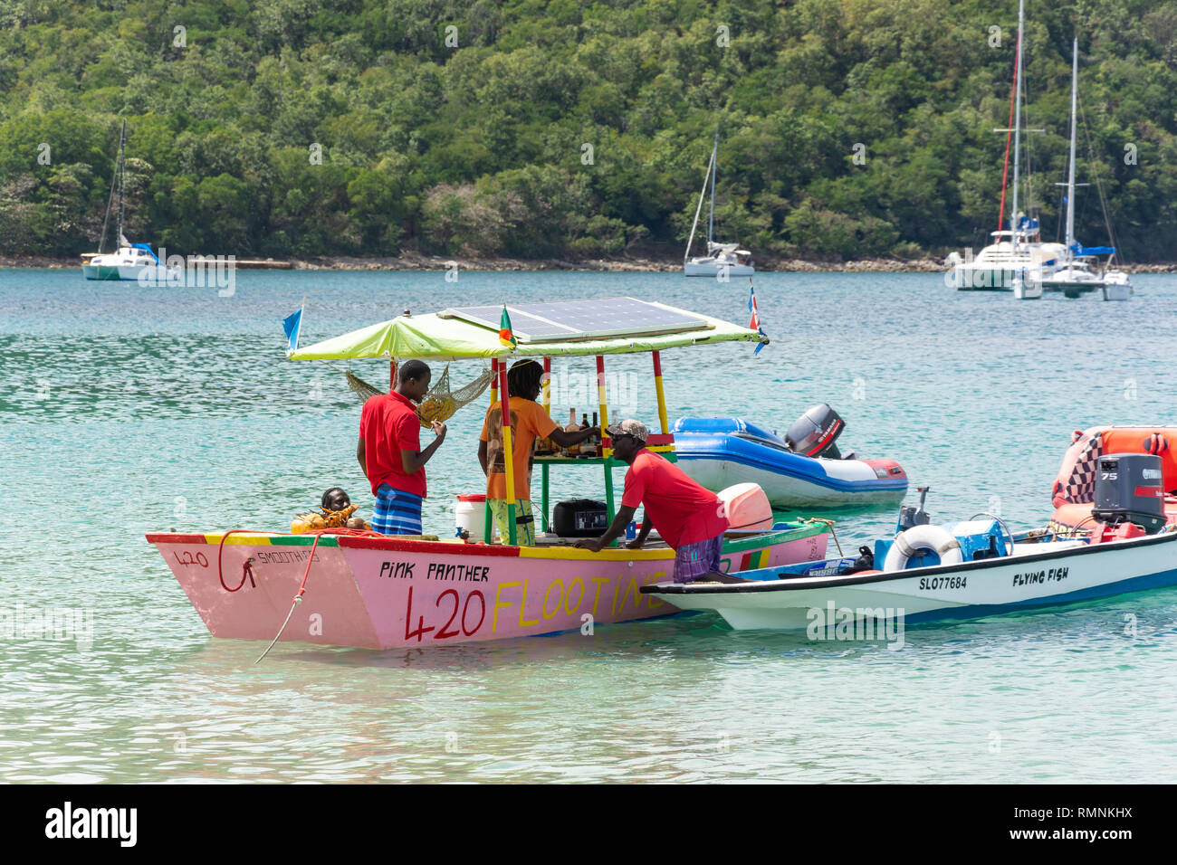Pink Panther floating bar, Reduit Beach, Rodney Bay, Gros Islet Quarter, Saint Lucia, Lesser Antilles, Caribbean Stock Photo