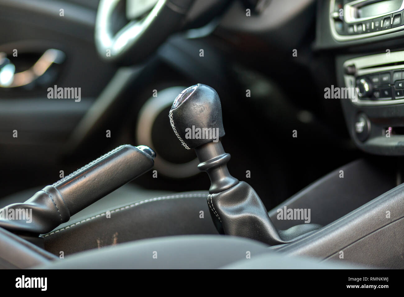 Luxurious Car Black Leather Interior Close Up Detail Of Handbrake Manual Brake And Gearshift Stick On Blurred Dashboard Background Transportation D Stock Photo Alamy