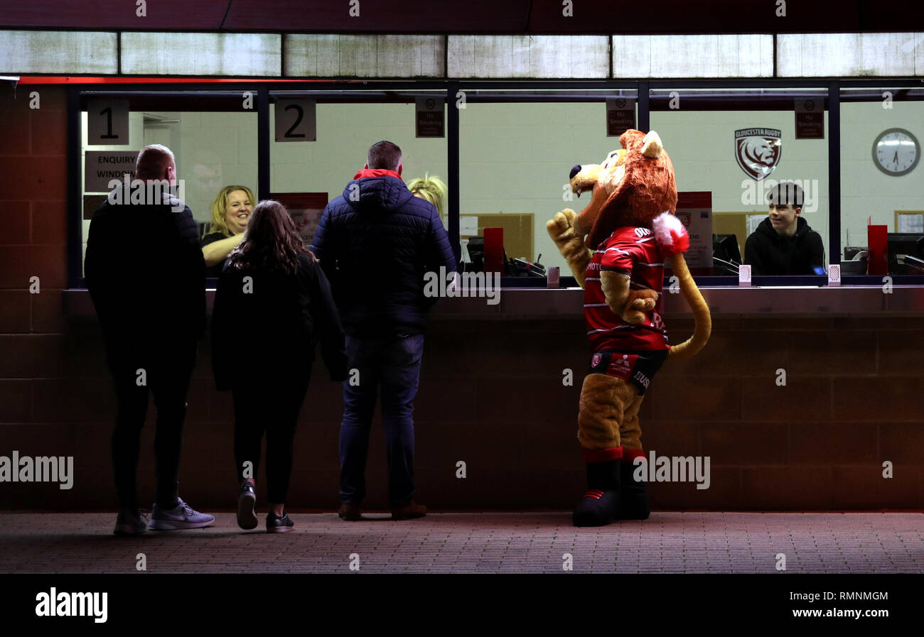 Gloucester Rugby mascot Kingsley speaks to fans outside the ticket