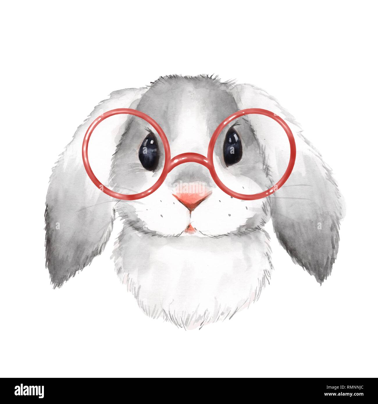 Watercolor portrait cute rabbit with glasses Stock Photo