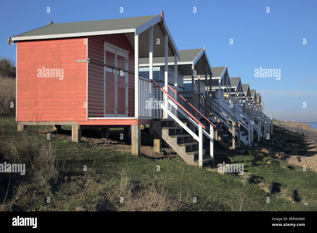 beach huts at minster on the isle of sheppey kent england Stock Photo