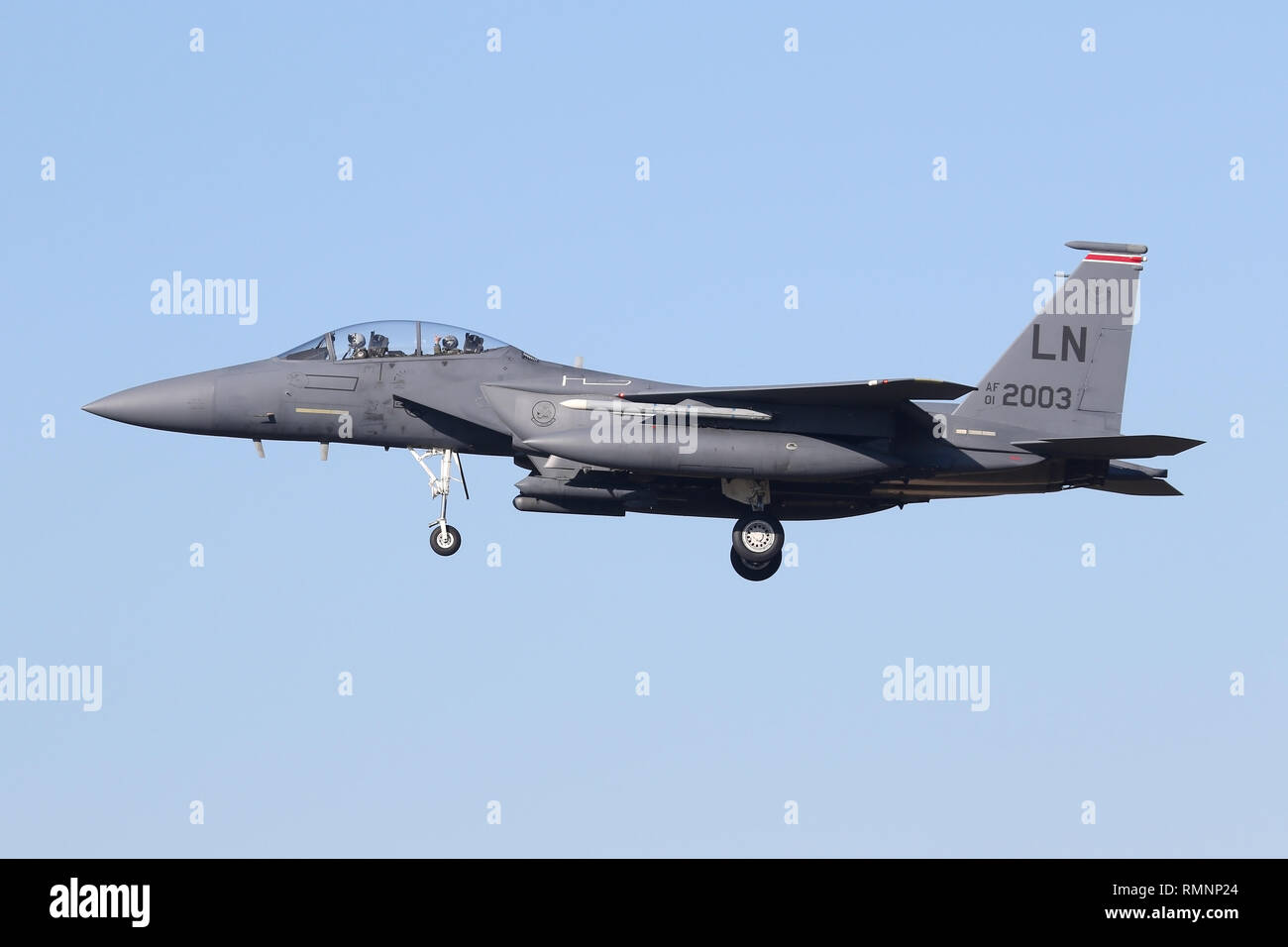 494th Fighter Squadron F-15E Strike Eagle on the approach into RAF Lakenheath. Stock Photo