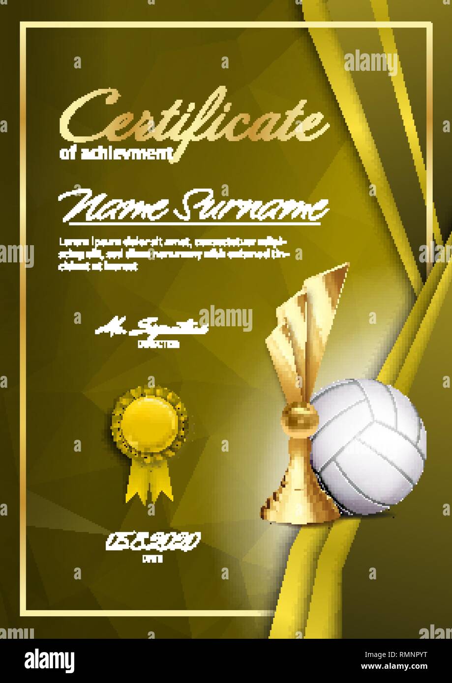 Volleyball Game Certificate Diploma With Golden Cup Vector. Sport