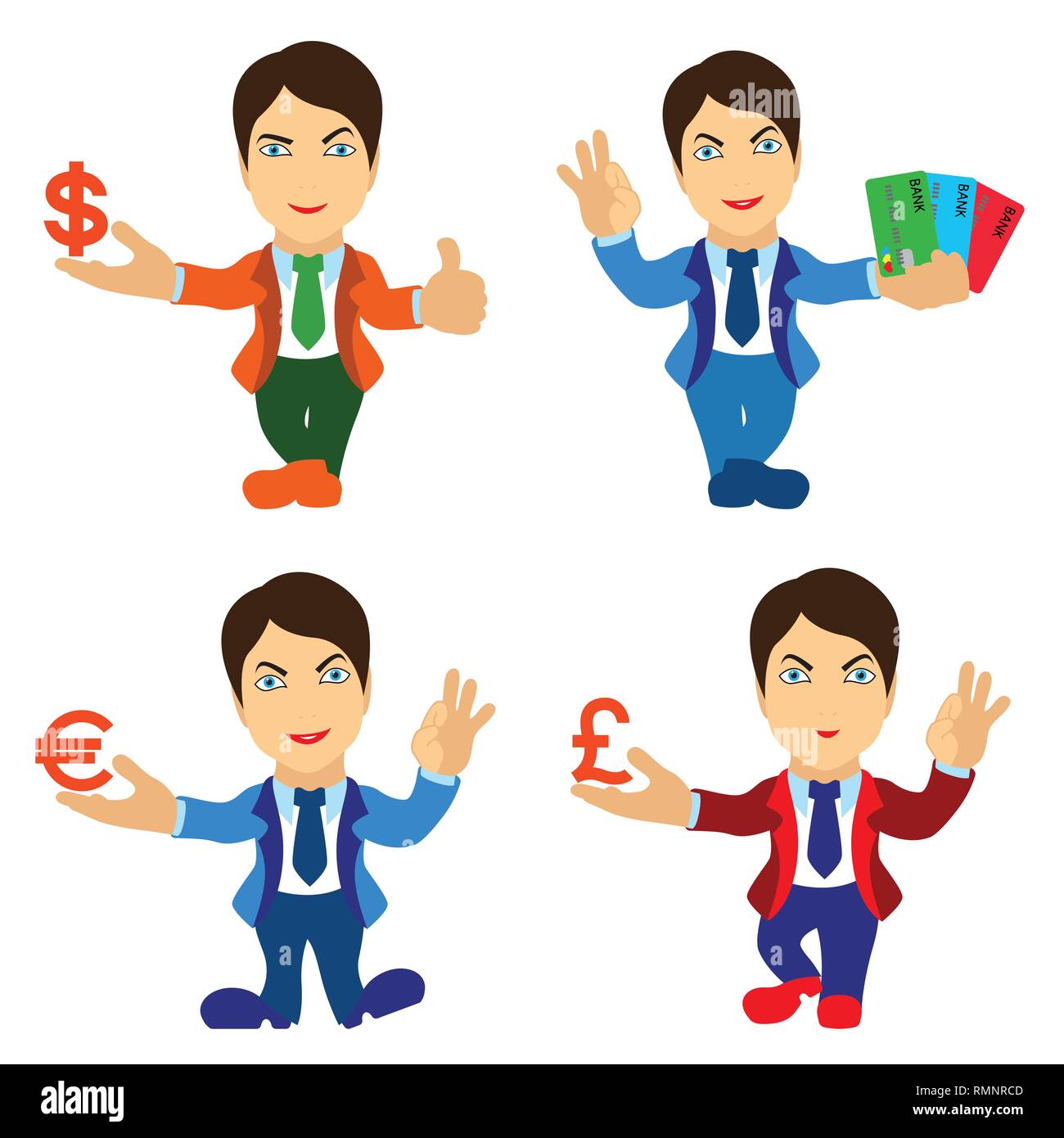 Set of four men holds money symbols and bank cards, conceptual cartoon