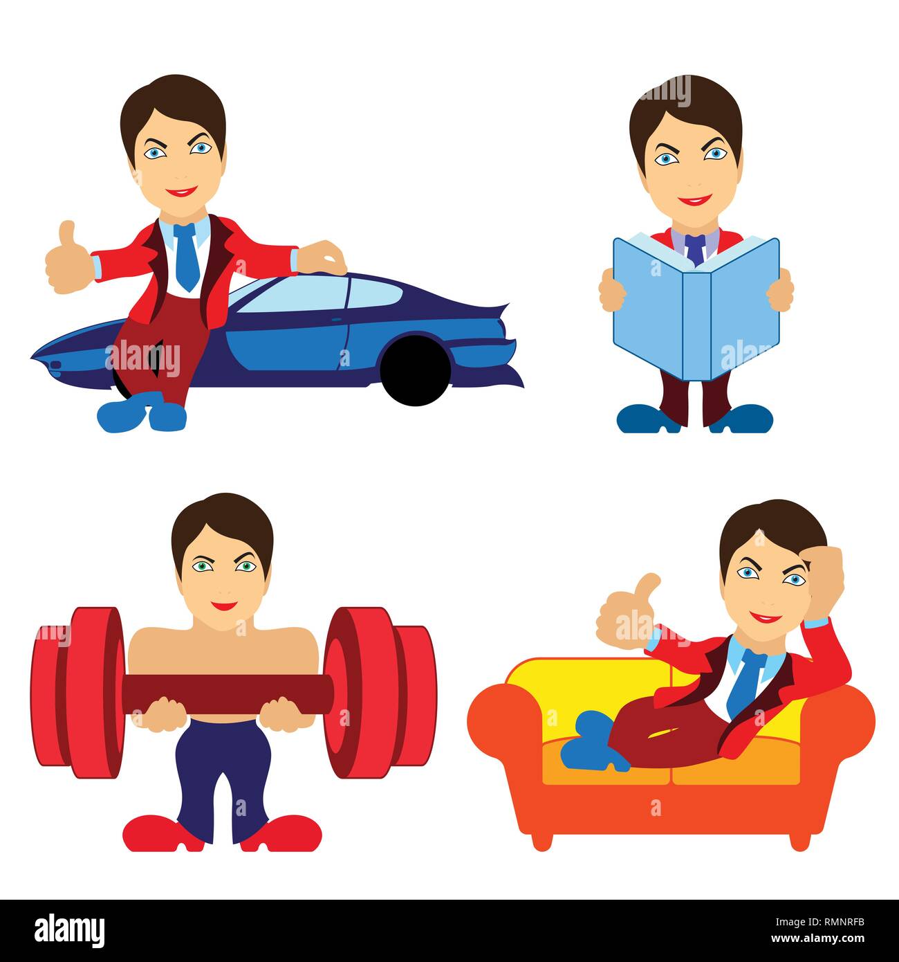 Set of four joyful different men in various situations, conceptual cartoon vector illustration for advertising Stock Vector