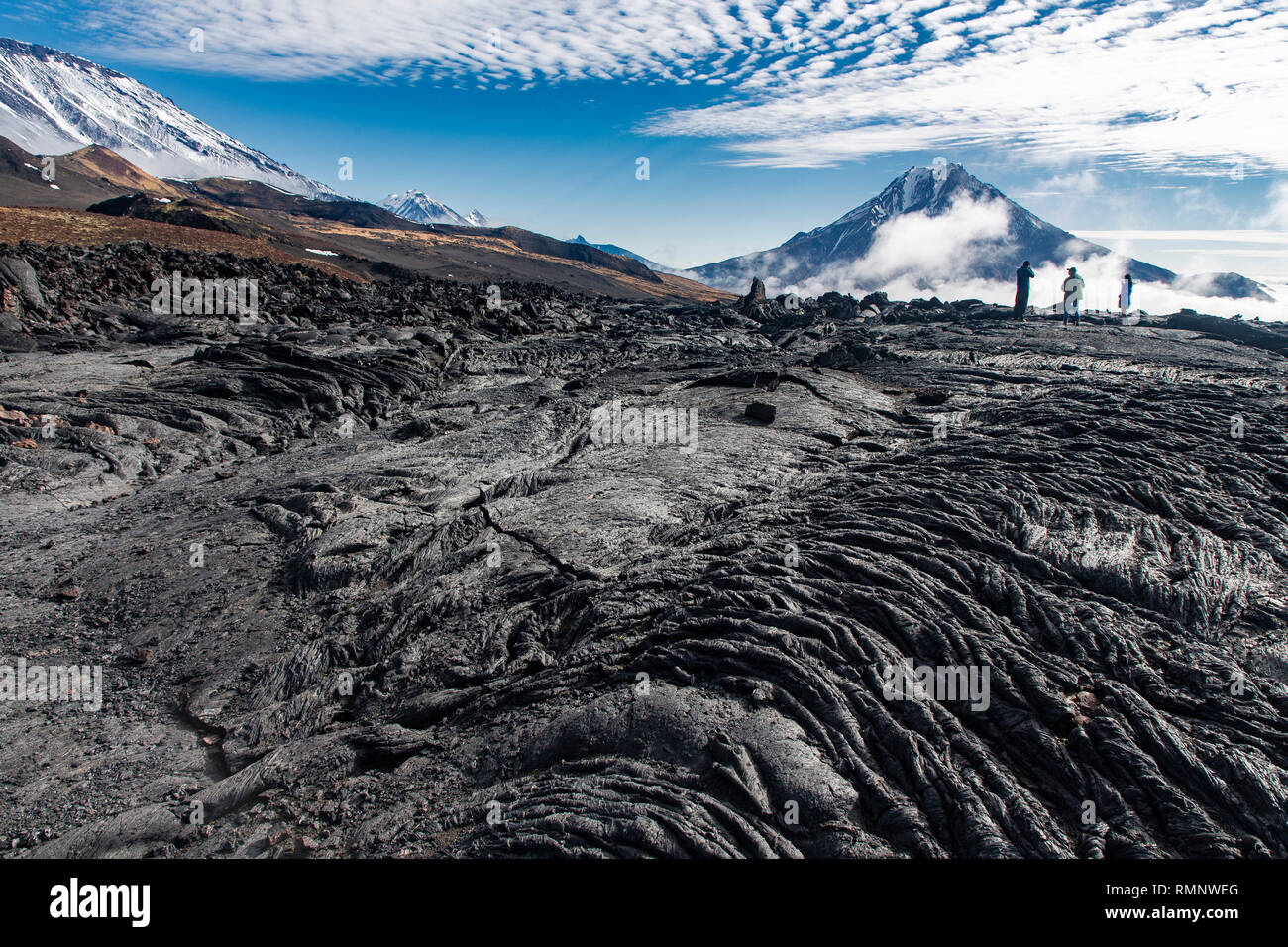 Tolbachik lava camp, Kliuchevskoi NP, Kamchatka, Russia Stock Photo