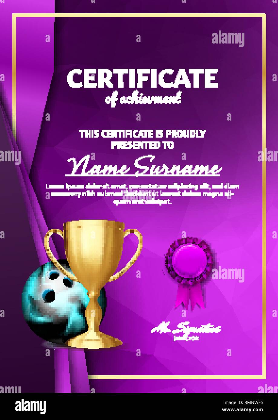 Bowling Game Certificate Diploma With Golden Cup Vector. Sport Graduate