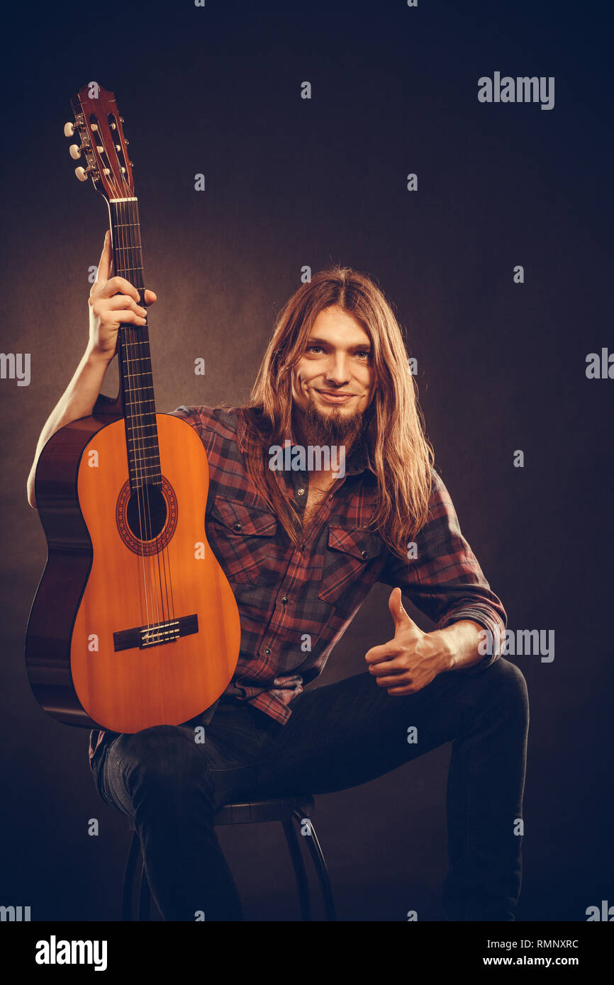 Young Stylish Man Long Haired Bearded Guy Holding Guitar Musican