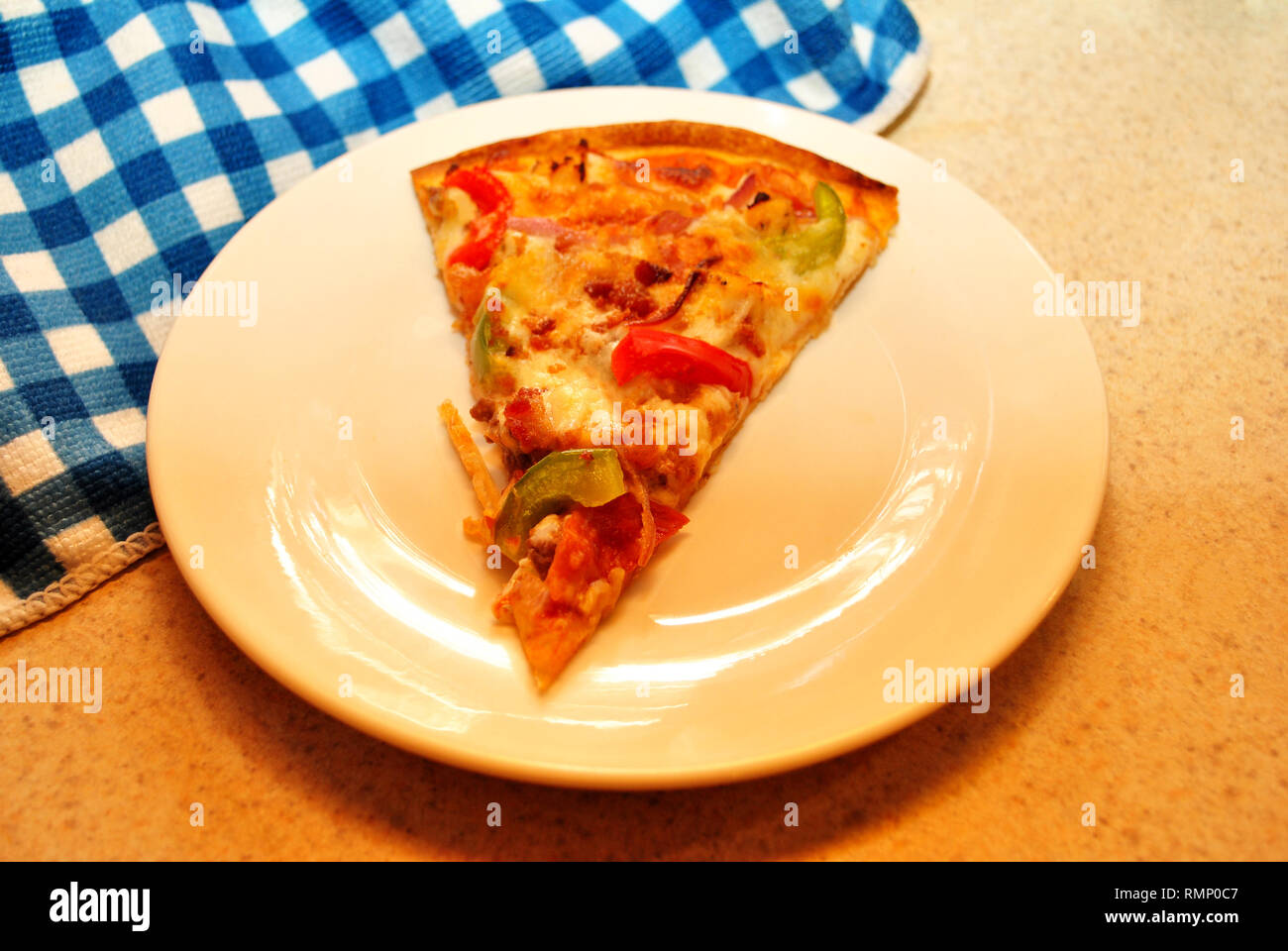 Baked Pepperoni, Peppers & Chicken Pizza on a Plate Stock Photo Alamy