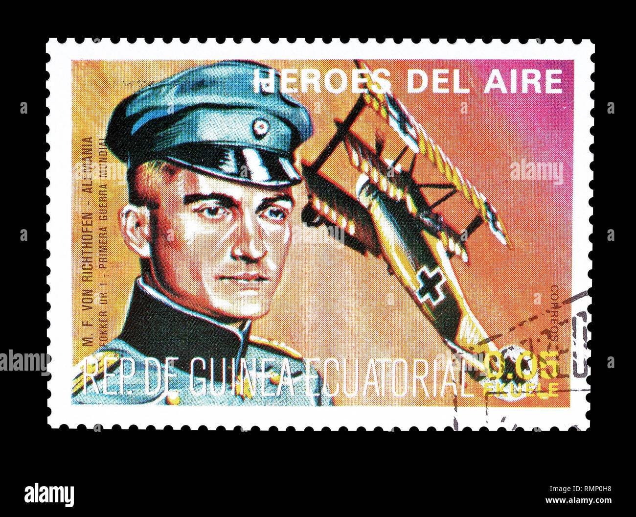Cancelled postage stamp printed by Equatorial Guinea, that shows German pilot Manfred Albrecht Freiherr von Richthofen - Red Baron. Stock Photo