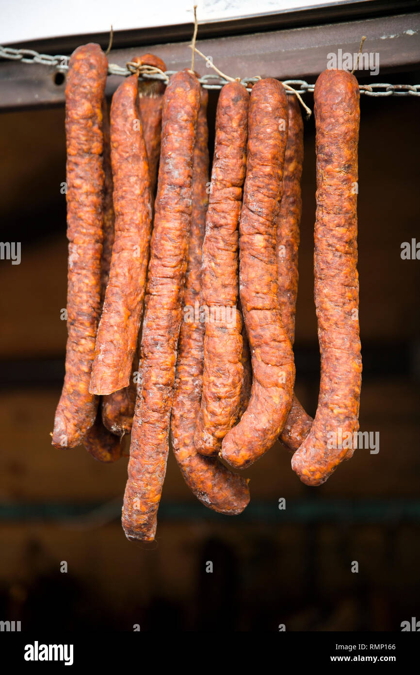 Original hungarian traditional products on farmers market for sale Stock Photo