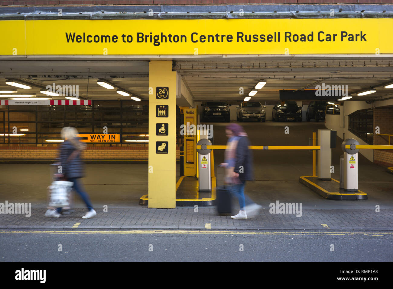 Brighton, England on February 15, 2019. View of entry, centre Russell Road car park. Stock Photo