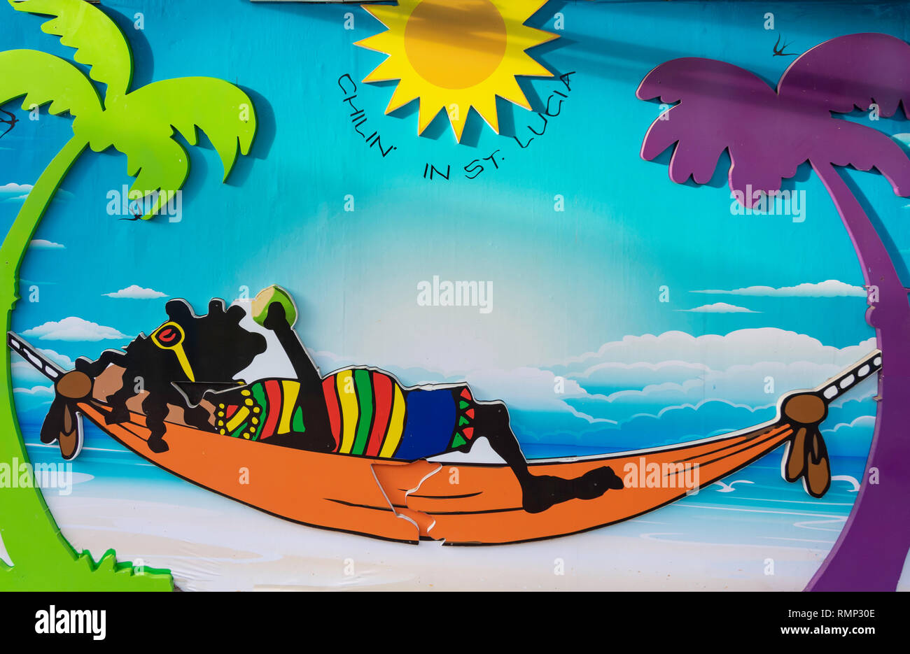 'Chillin in St.Lucia' sign outside Duty Free Shop,  Pointe Seraphine, Castries, Saint Lucia, Lesser Antilles, Caribbean Stock Photo