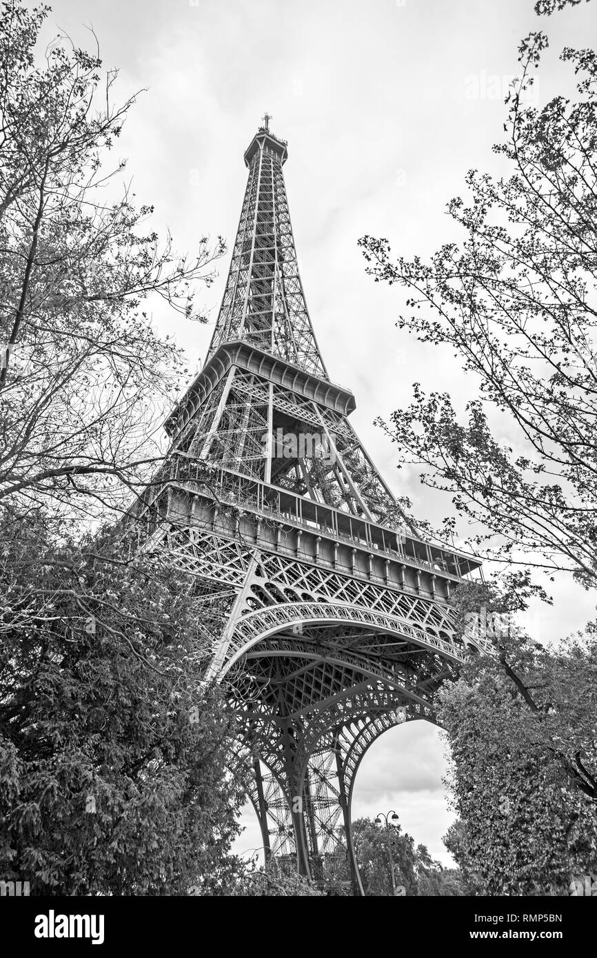 The Eiffel Tower in Paris, France. Black and white image Stock Photo