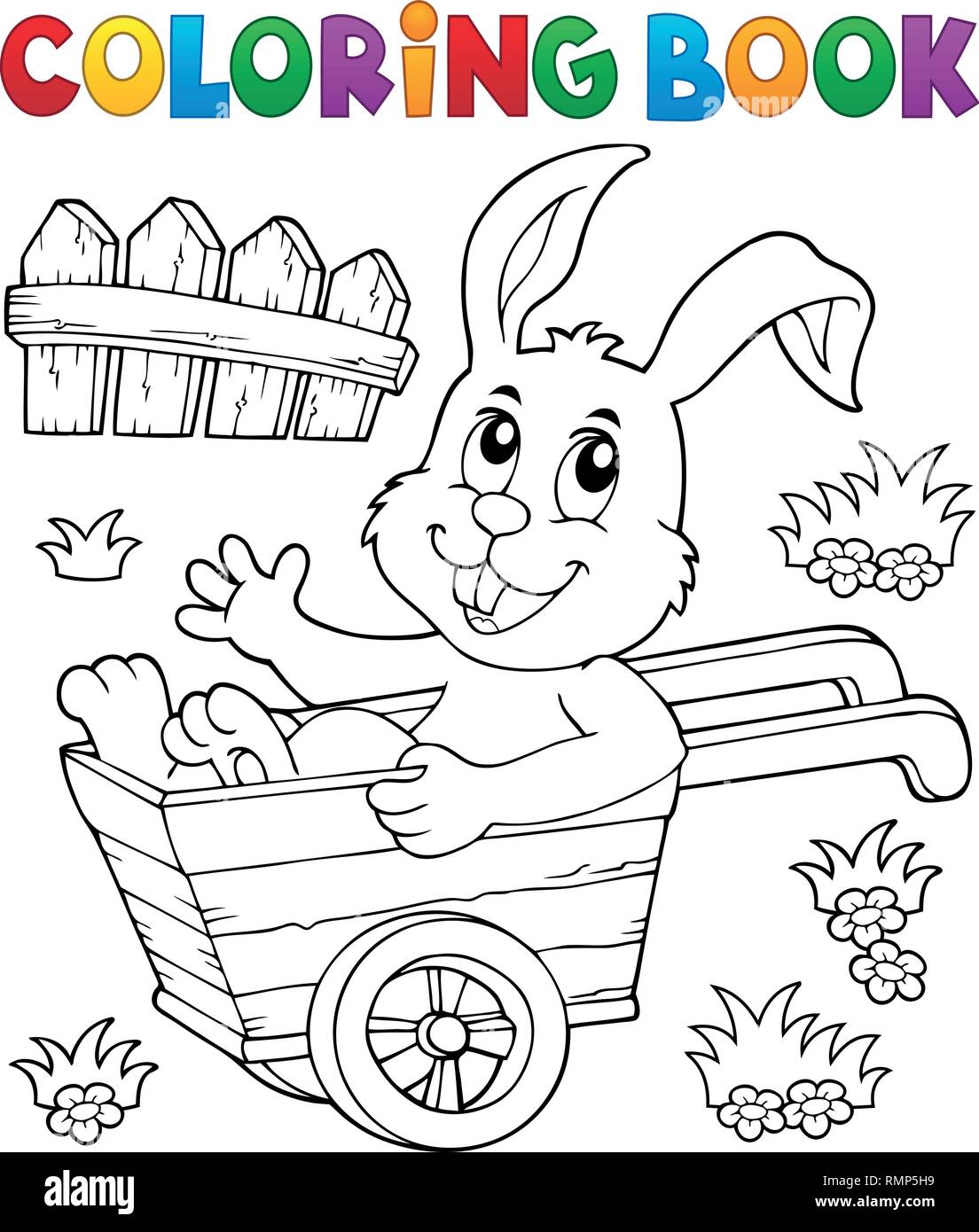 Coloring book bunny in wheelbarrow 1 - eps10 vector illustration. Stock Vector