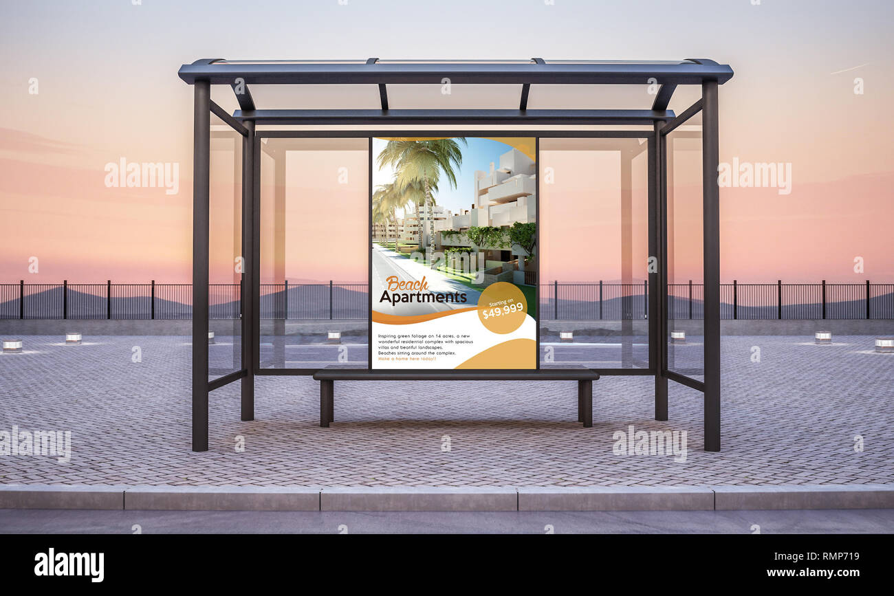 Download Real Estate Advertising Billboard On Bus Stop Kiosk Mockup 3d Rendering Stock Photo Alamy
