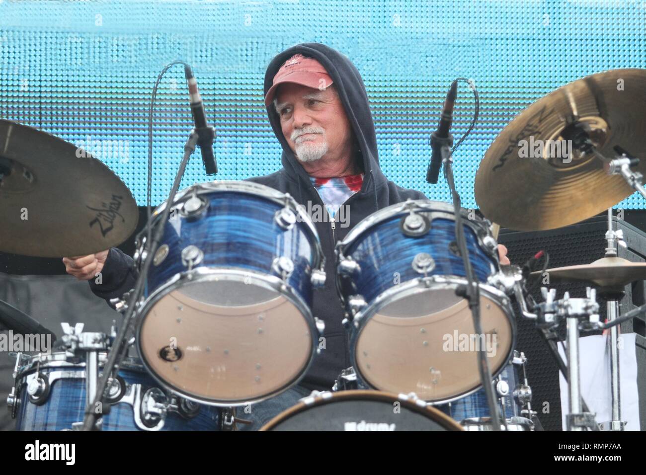 Grateful Dead drummer Bill Kreutzmann is shown performing on stage during a 'live' concert appearance with the 7 Walkers. Stock Photo