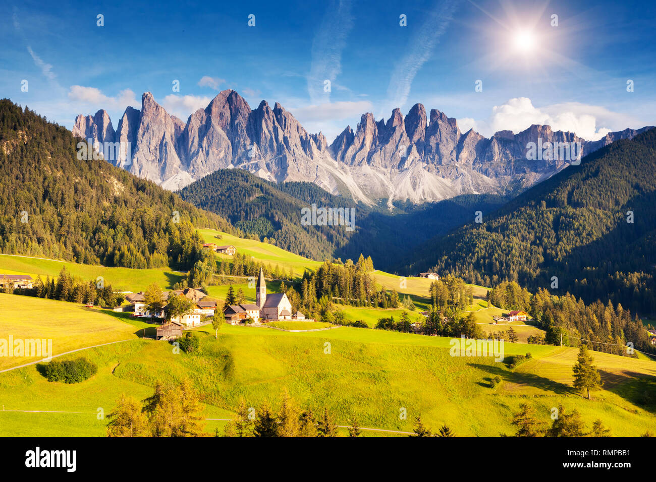 Countryside view of the St. Magdalena or Santa Maddalena in the National Park Puez Odle or Geisler summits. Dolomites, South Tyrol. Location Bolzano,  Stock Photo