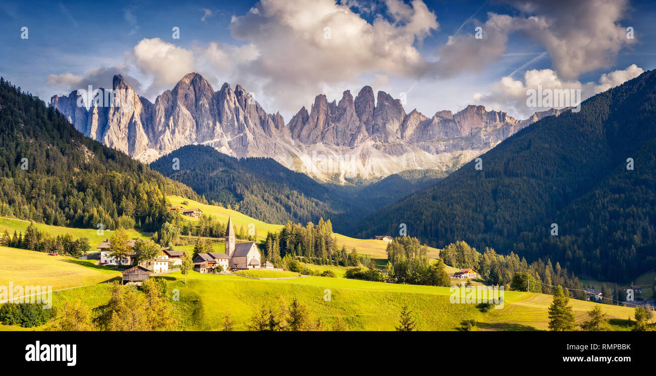 Countryside view of the St. Magdalena or Santa Maddalena in the National Park Puez Odle or Geisler summits. Dolomites, South Tyrol. Location Bolzano,  Stock Photo