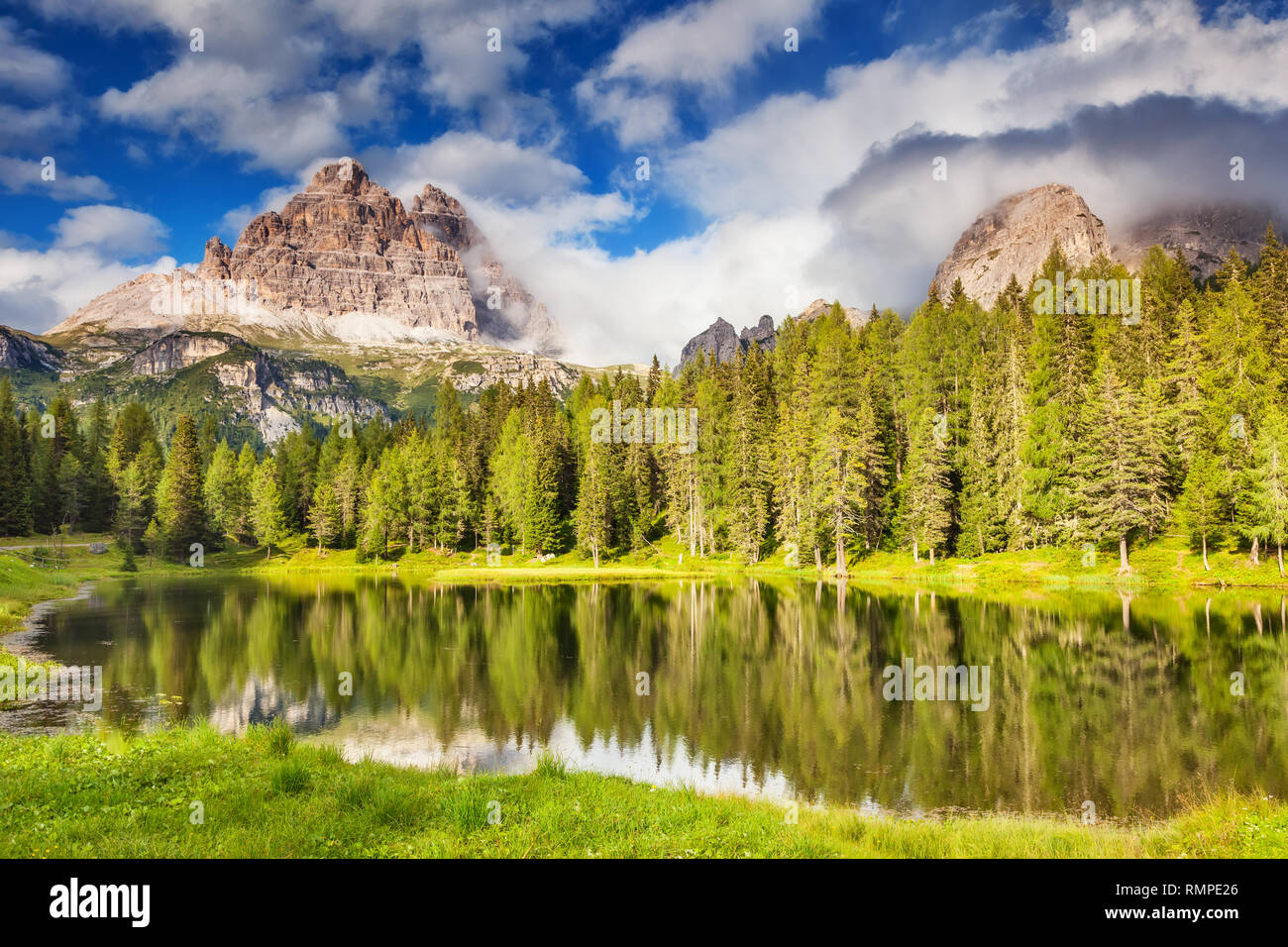 Great view of the foggy Lago Di Antorno in National Park Tre Cime di ...
