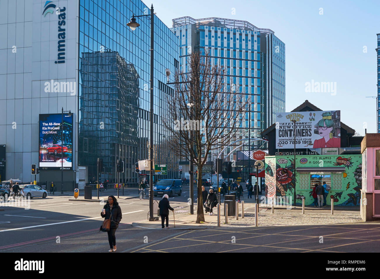 Old Street in East London, UK, looking west towards new office buildings on Old Street Roundabout Stock Photo