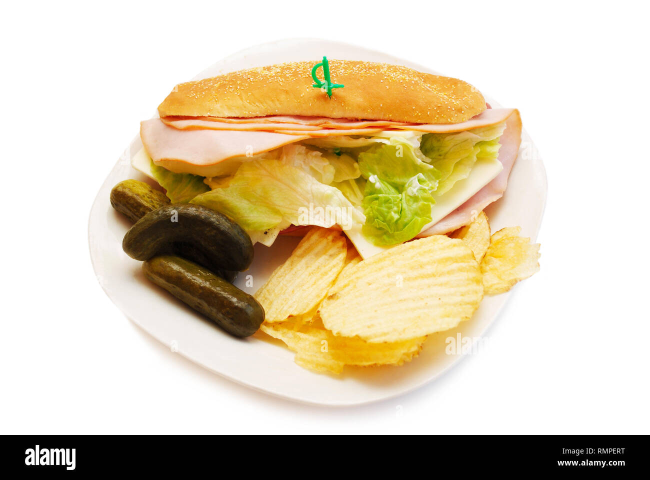 Ham Sandwich with Pickles & Potato Chips Stock Photo Alamy