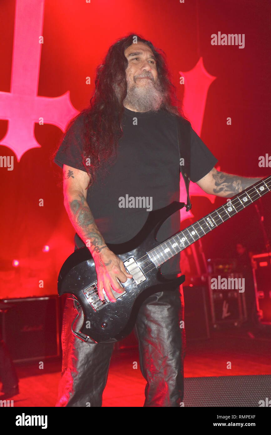Bassist and vocalist Tom Araya of Slayer is shown performing on stage