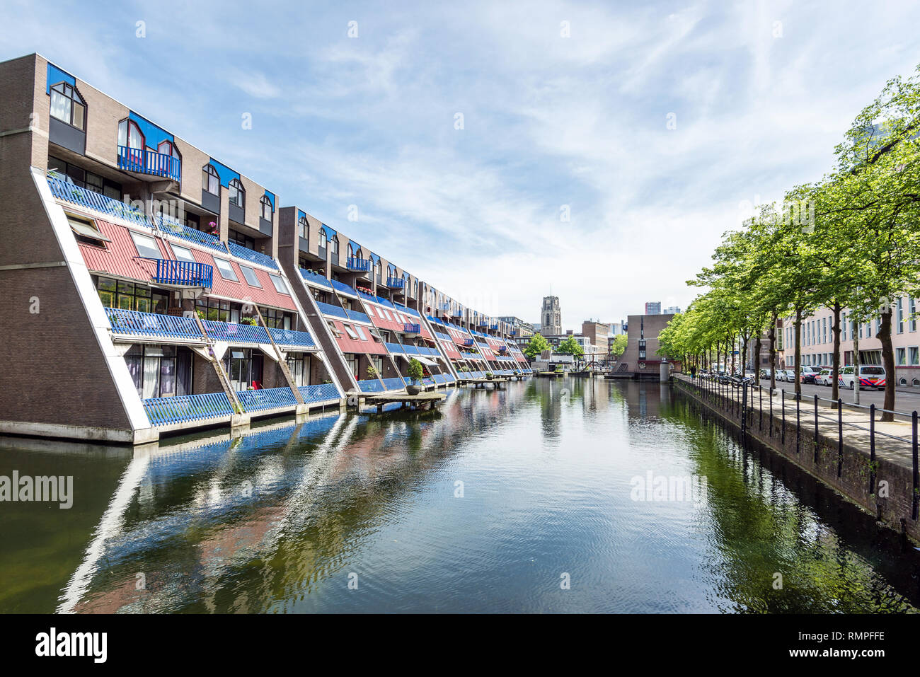 Modern houses on the canal, architecture in Rotterdam, Netherlands