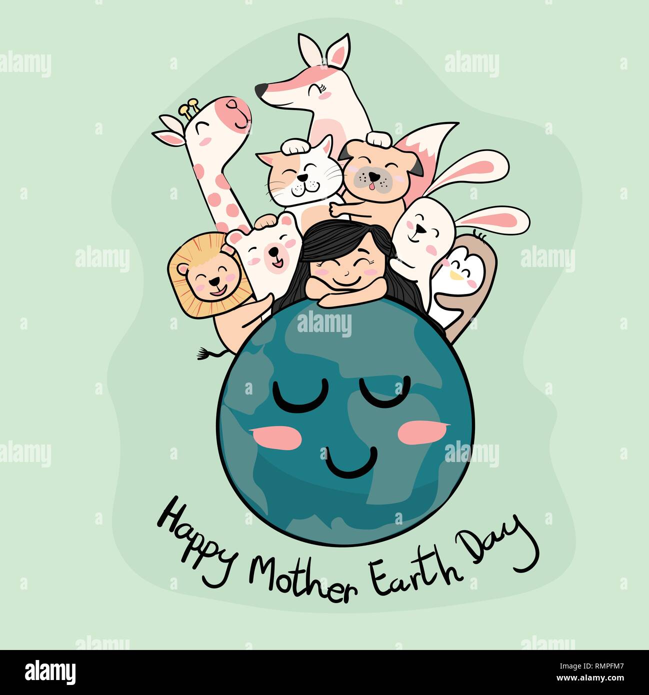 cute animals with a girl on the earth  mother earth day Stock Vector