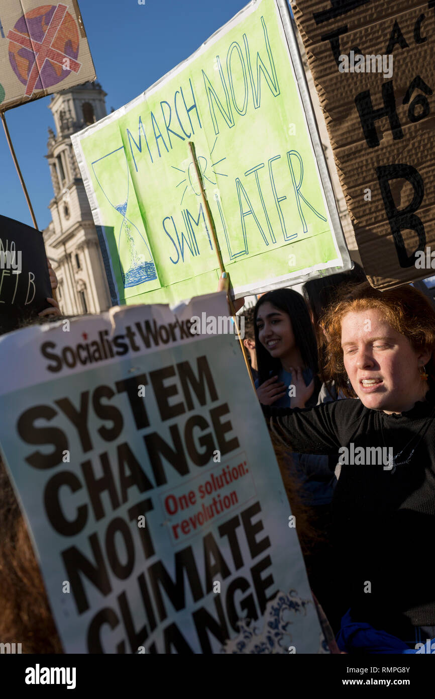 London, UK. 15th Feb, 2019.  Inspired by Swedish teenager Greta Thunberg and organised by Youth Strike 4 Climate, British eco-aware school and college-age pupils protest about Climate Change in Parliament Square during their walkout from classes, on 15th February 2019, in Westminster, London England. Photo by Richard Baker / Alamy Live News Credit: RichardBaker/Alamy Live News Stock Photo