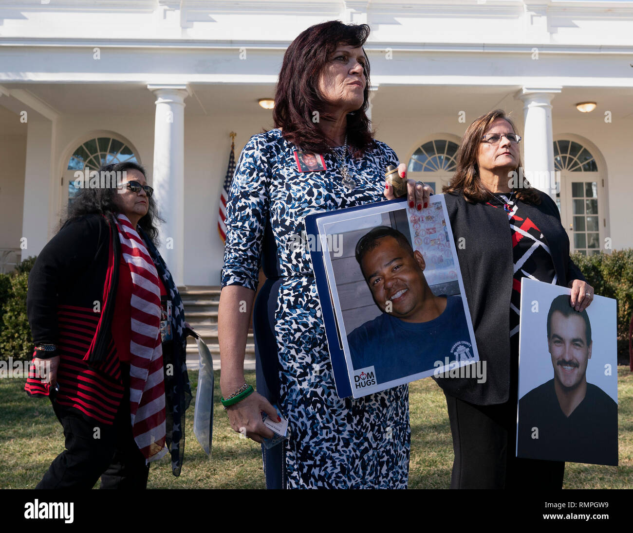 Washington DC, USA. 15th Feb, 2019. 'Angel Mothers' Angie Marfin Vargas(L), Sabine Durden(C) and Agnes Gibboney(R), who allegedly who lost loved ones to crime committed by illegal aliens speak to reporters after United States President Donald J. Trump declared a National Emergency over the southern border and the need for border security in the Rose Garden of the White House in Washington, DC on Friday, February 15, 2019. Credit: Chris Kleponis / Pool via CNP /MediaPunch Credit: MediaPunch Inc/Alamy Live News Stock Photo