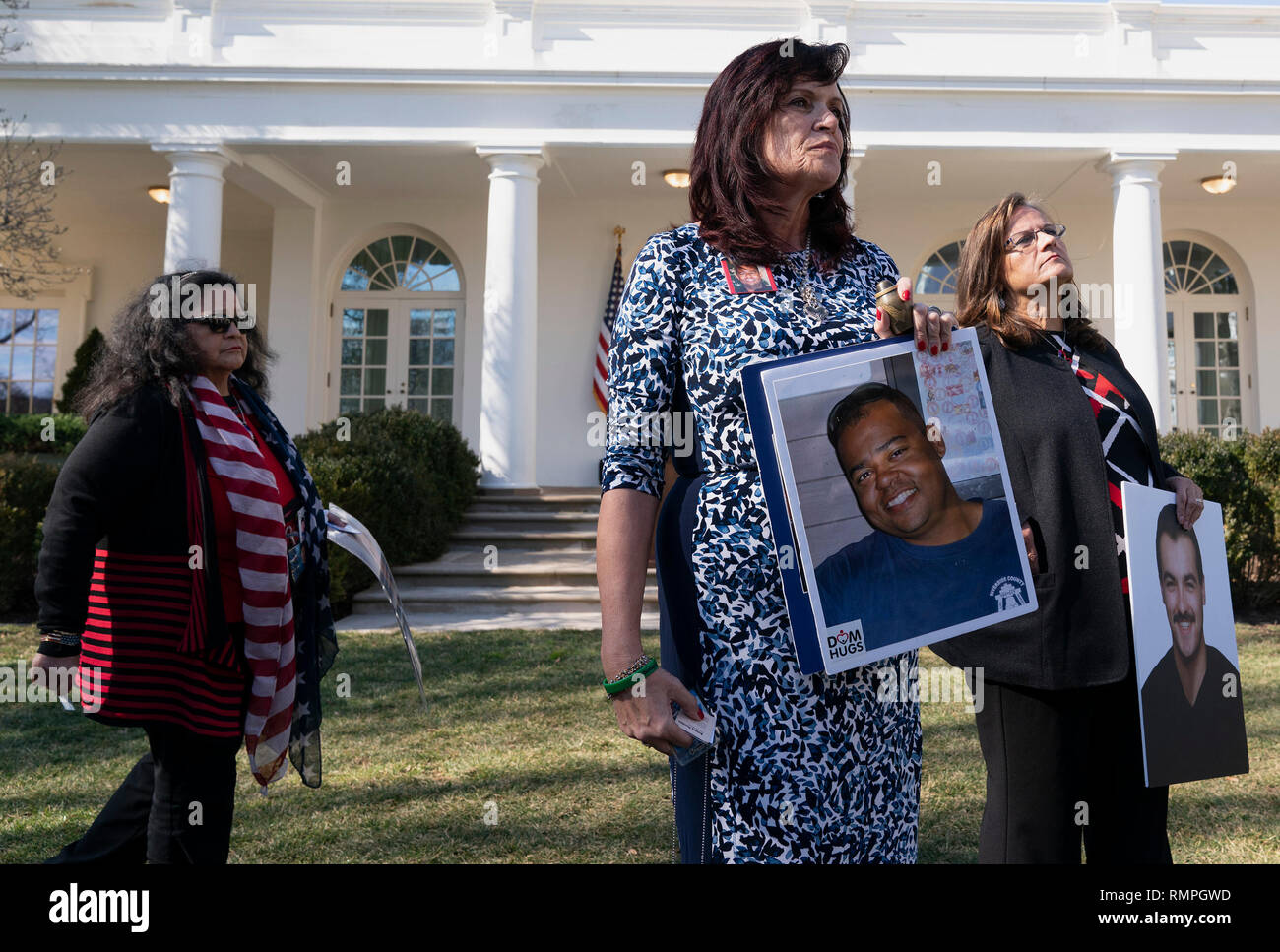 Washington DC, USA. 15th Feb, 2019. 'Angel Mothers' Angie Marfin Vargas(L), Sabine Durden(C) and Agnes Gibboney(R), who allegedly who lost loved ones to crime committed by illegal aliens speak to reporters after United States President Donald J. Trump declared a National Emergency over the southern border and the need for border security in the Rose Garden of the White House in Washington, DC on Friday, February 15, 2019. Credit: Chris Kleponis / Pool via CNP /MediaPunch Credit: MediaPunch Inc/Alamy Live News Stock Photo