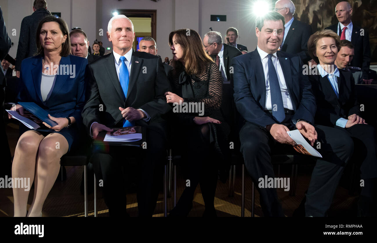 Munich, Germany. 15th Feb, 2019. 15 February 2019, Bavaria, München: Ilse  Aigner (l-r, CSU), President of the Bavarian State Parliament, Mike Pence,  Vice-President of the USA, his wife Karen, Markus Söder (CSU),