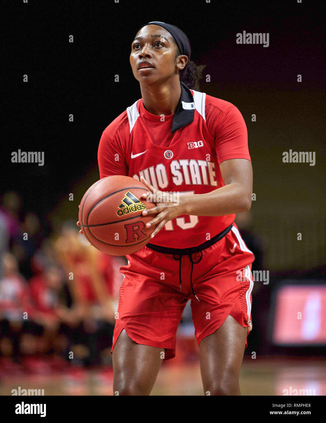 Piscataway, New Jersey, USA. 15th Feb, 2019. Ohio State Buckeyes guard  Adreana Miller (15) at the foul line in the first half between the Ohio  State Buckeyes and the Rutgers Scarlet Knights