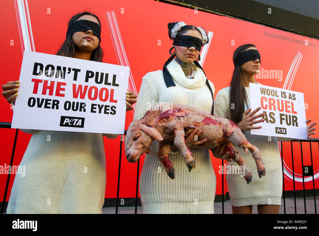 London, UK. 15th Feb, 2019. Three blindfolded PeTA (People for the Ethical Treatment of Animals) activists are seen wearing vegan wool jumpers and holding a 'bloody shorn lamb' with placards protesting on London, UK. 15th Feb, 2019. Three blindfolded PeTA (People for the Ethical Treatment of Animals) activists are seen wearing vegan wool jumpers and holding a 'bloody shorn lamb' with placards protesting on