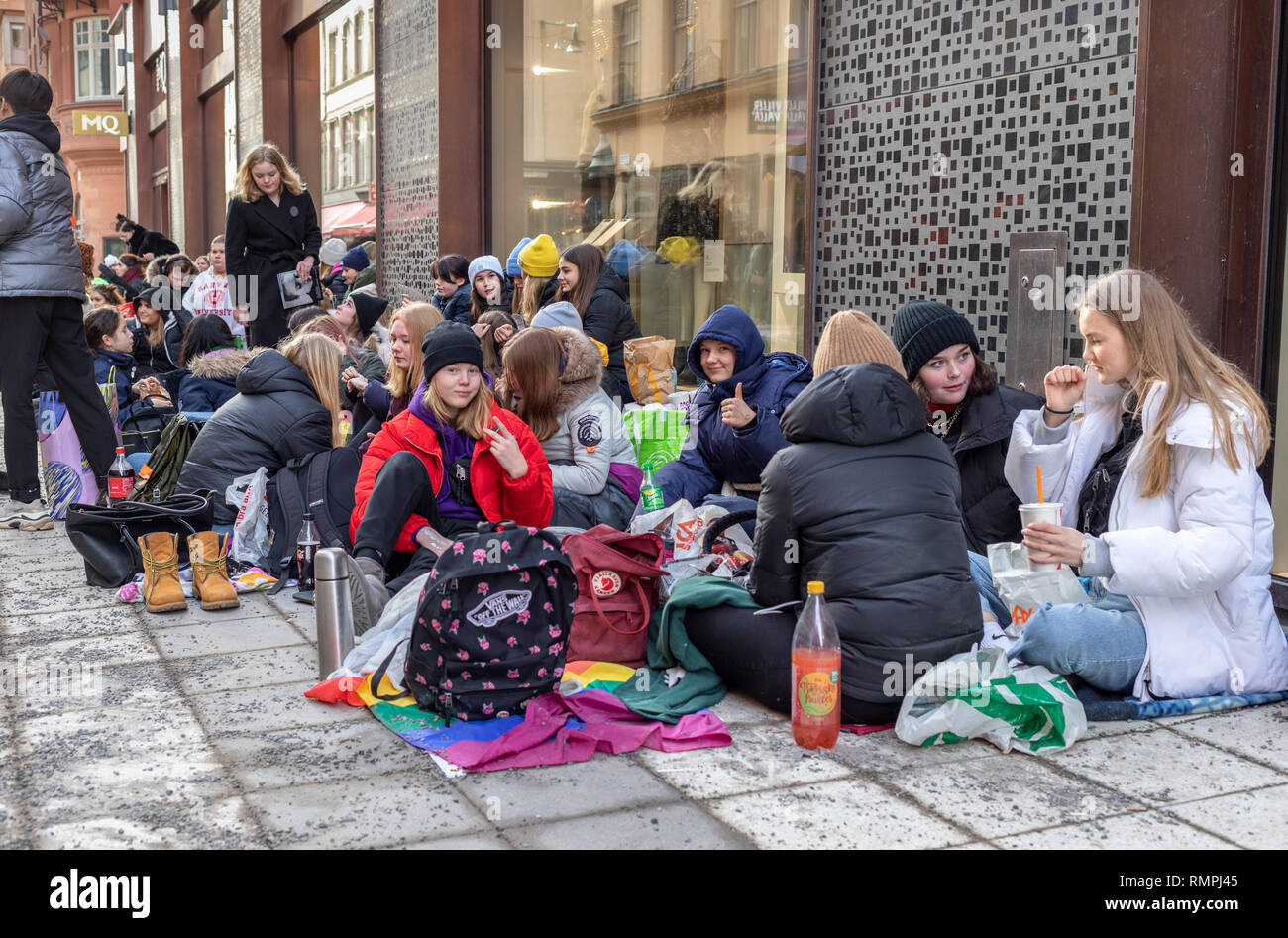 Stockholm, Sweden. 15th February, 2019. Fans waiting outside Bengans record shop in Stockholm for a chance to meet Billie Eilish and get a signed fan card. Credit: Per Grunditz/Alamy Live News Stock Photo